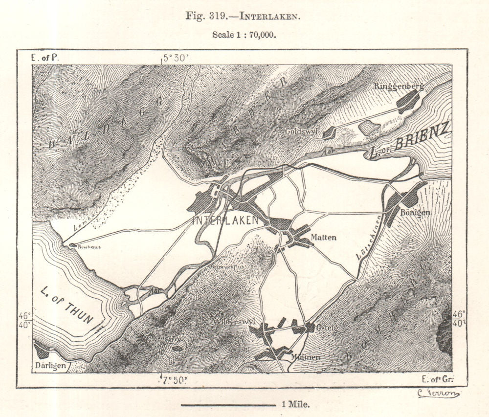 Interlaken & environs. Switzerland. Sketch map 1885 old antique plan chart